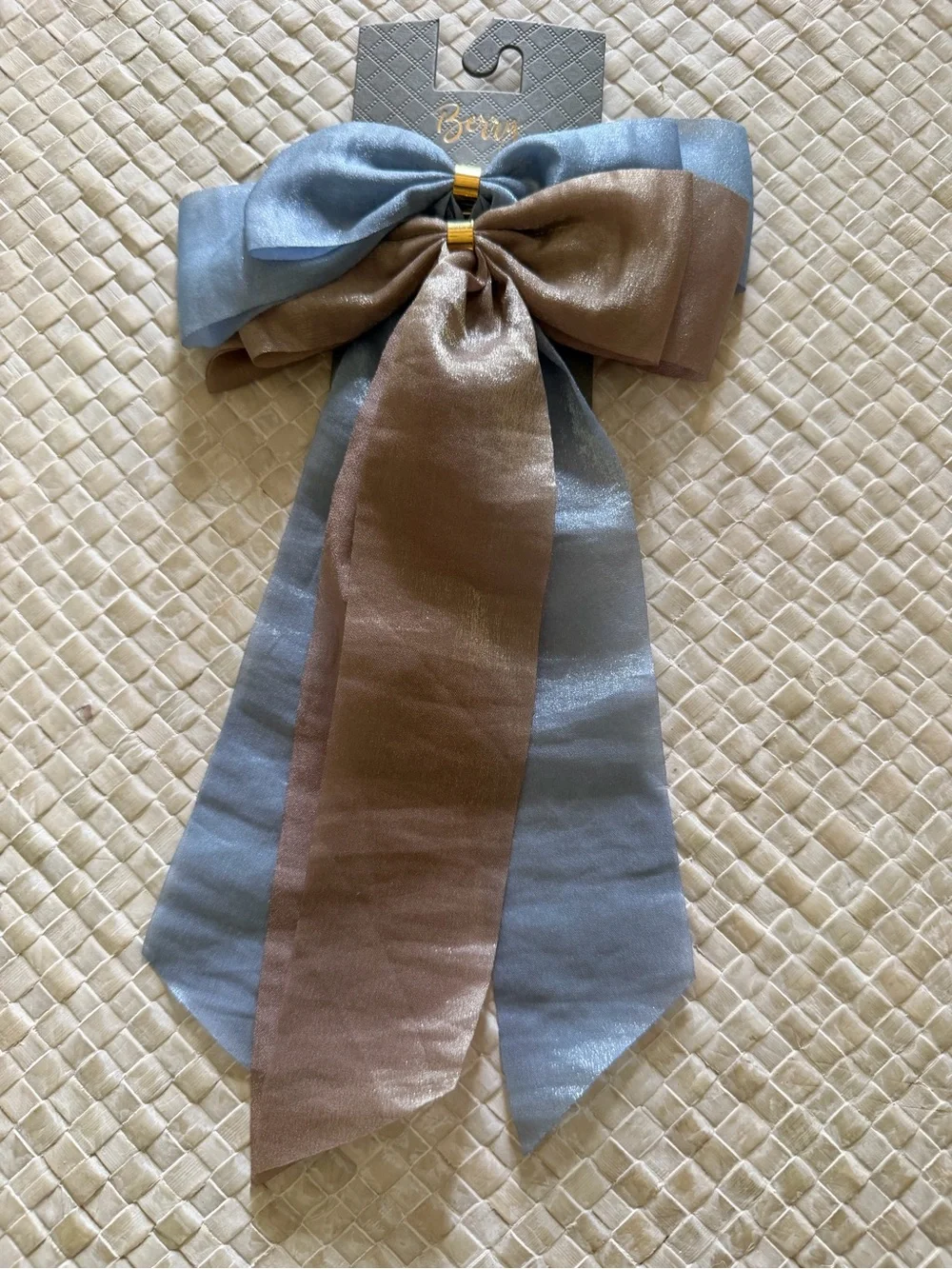 NWT Berry Set of 2 Oversized Satin Bow Hair Clips Blue Taupe Coquette